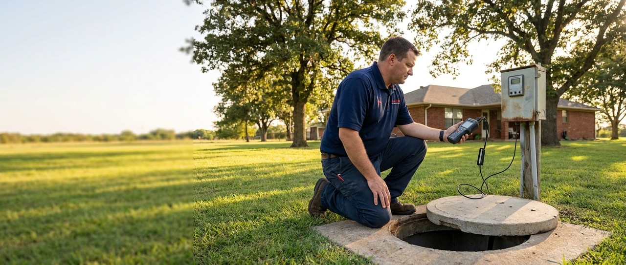 Aerobic septic system technician servicing control panel at North Texas property