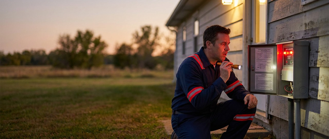 Emergency septic repair technician responding to alarm
