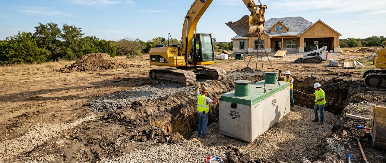 New aerobic septic system installation excavation North Texas