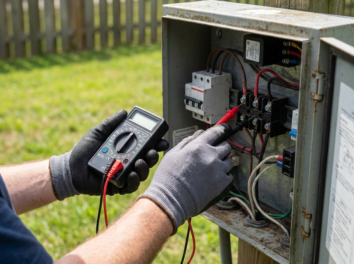 Scheduled septic maintenance service technician testing panel