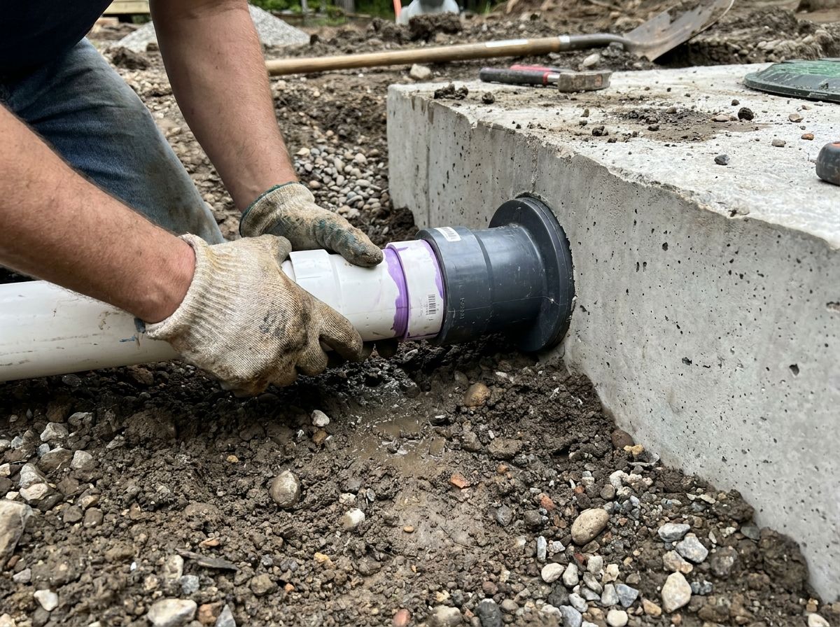 Septic installation technician connecting new tank piping