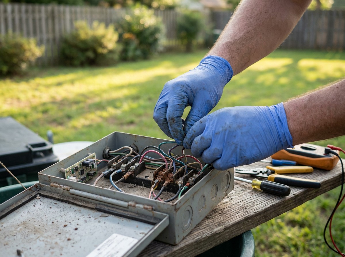 Septic repair technician fixing aerobic system component