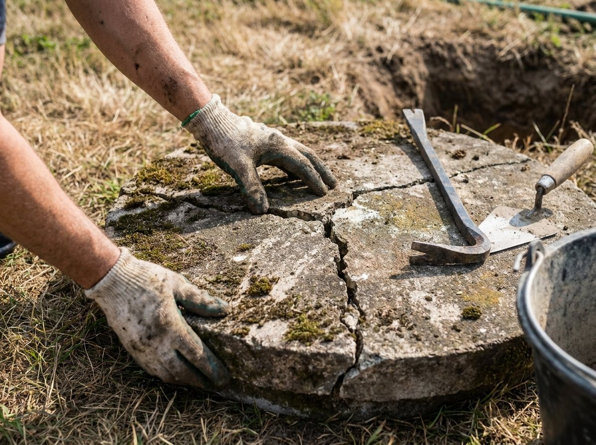 Septic system replacement technician examining old tank