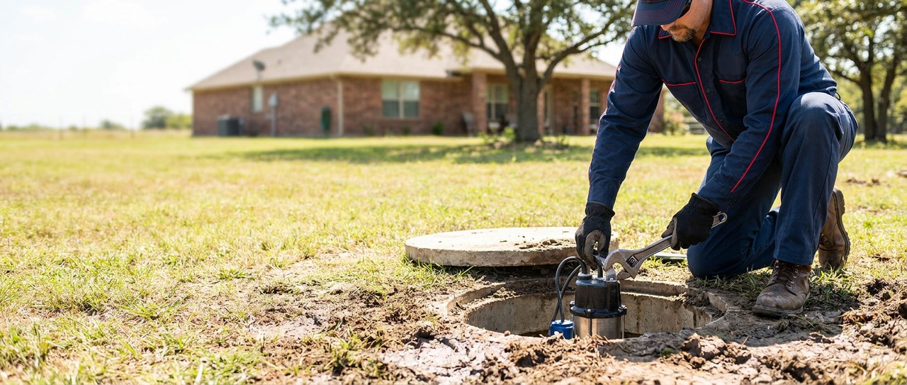 Septic system repair technician diagnosing pump issue