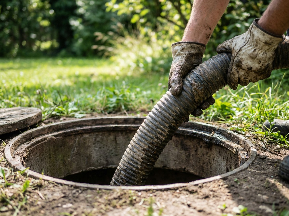 Septic tank pumping technician inspecting tank
