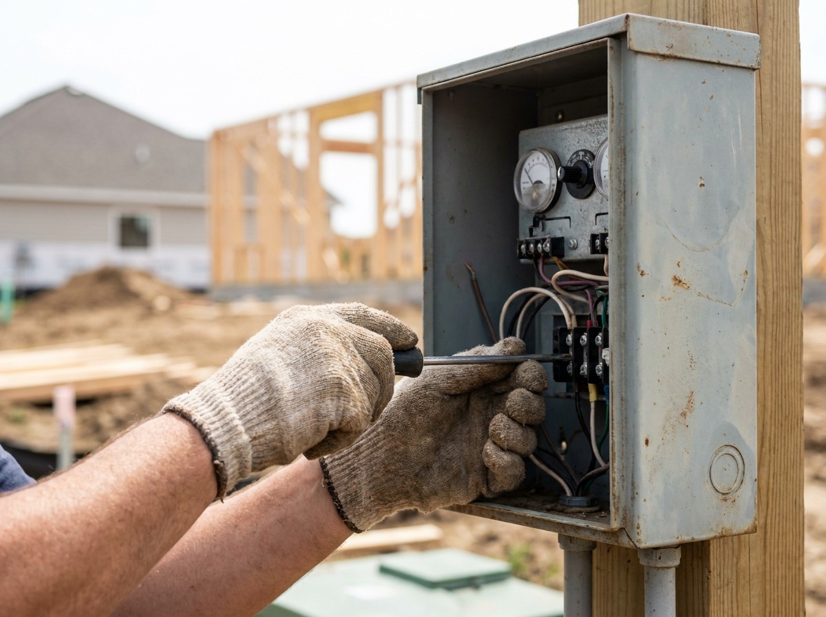 Septic system technician servicing new home in Sanger Texas