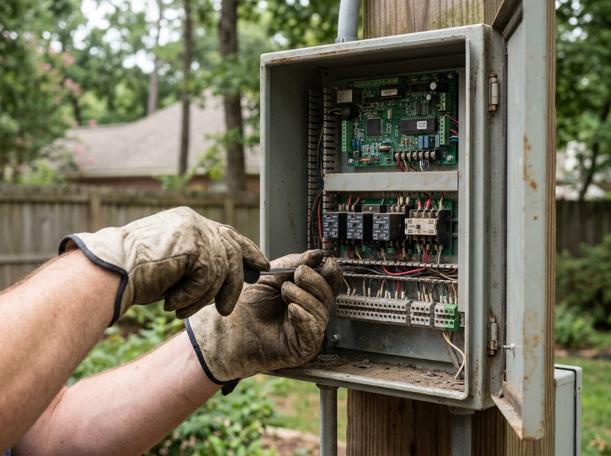 Septic system technician servicing property near Denton Texas